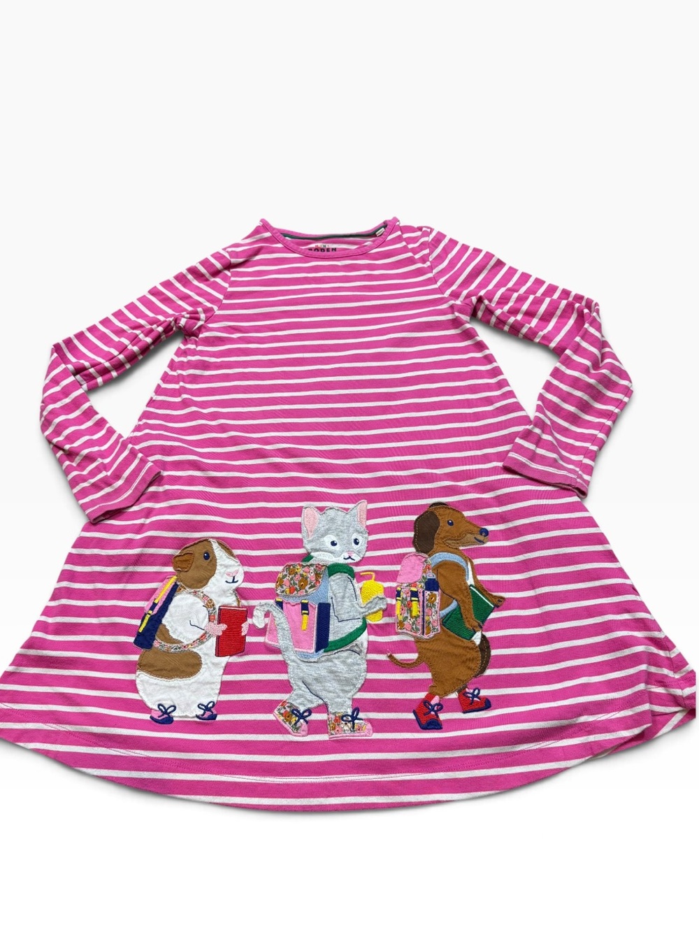 Mini Boden Girls Pink and White Striped Animal Applique Dress Size 8-9 Years